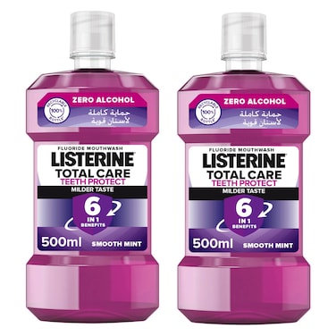 Listerine Zero Alcohol Total Care Teeth Protect Milder Taste Fluoride Mouthwash Smooth Mint 500ml Pack of 2