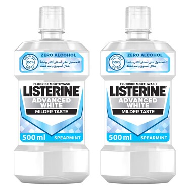 ليسترين زيرو كحول غسول فم أدفانسد وايت بطعم أخف، فلورايد، بنكهة النعناع، 500 ملل، حزمة من 2