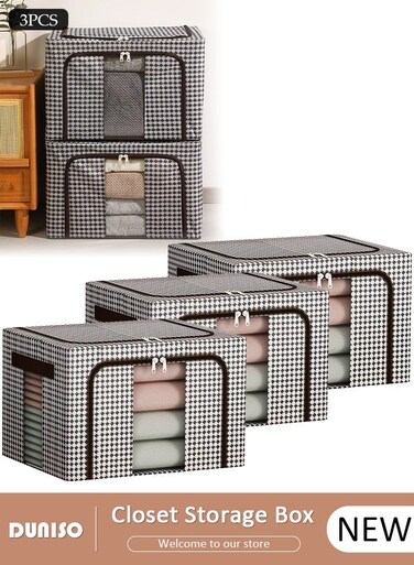 3 Pack Closet Storage Box with Metal Frame, Stackable Flodable Closet Container Organizer with Lids Handle Double &amp; Zippers, Large Capacity Wardrobe Clothes Storage Box with Clear Window for Blanket, Bedding, Clothes, Comforter