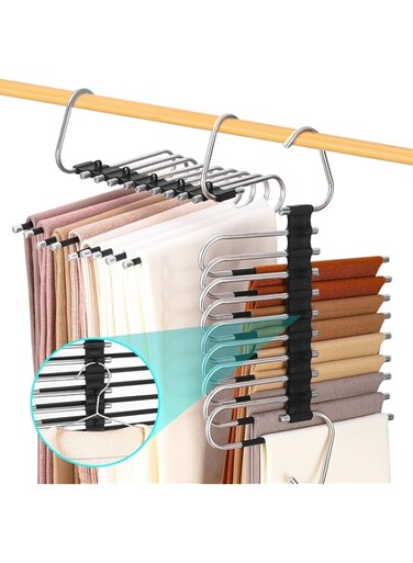 AMERTEER Space Saving Pants Hangers - 9 Layers Multifunctional Clothes Rack - Durable Stainless Steel Closet Organizer - Non-Slip Metal Hangers for Pants, Jeans, Skirts, and Trousers (2 PCS, BLACK)