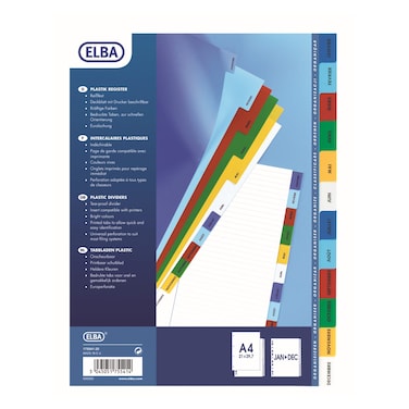 Elba Monthly Dividers Assorted A4 12 Tabs