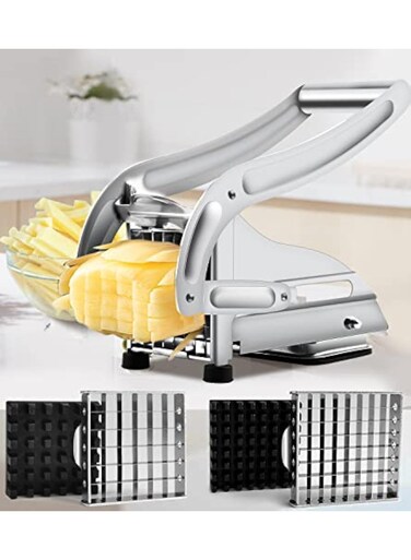 French Fry Cutter Stainless Steel Potato Chipper Fast Cutting Potato Chip Cutter with 36/46 Holes Blades Manual Food Slicer Dicer Multifunction Vegetable Fruit Chipper(silver)