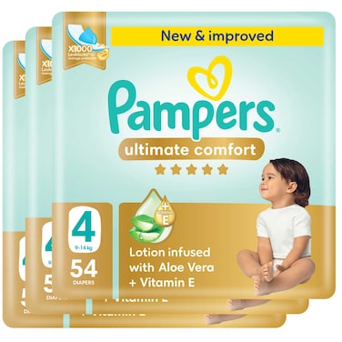 Pampers Ultimate Comfort Diapers with Aloe Vera Plus Vitamin E Size 4 9-14kg Mega Pack 54 Diapers Pack of 3