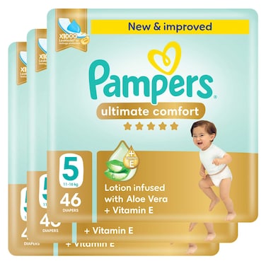 Pampers Ultimate Comfort Diapers with Aloe Vera Plus Vitamin E Size 5 11-16kg Mega Pack 46 Diapers Pack of 3