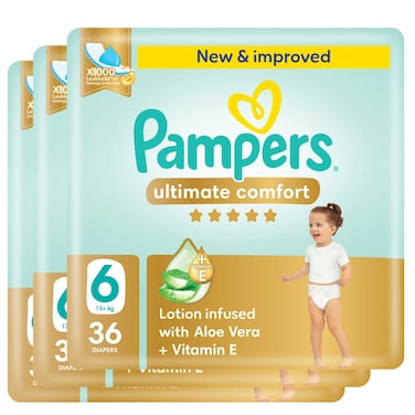 Pampers Ultimate Comfort Diapers with Aloe Vera Plus Vitamin E Size 6 13kg+ Mega Pack 36 Diapers Pack of 3