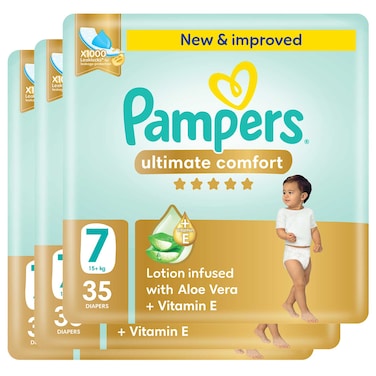 Pampers Ultimate Comfort Diapers with Aloe Vera Plus Vitamin E Size 7 15kg+ Giant Pack 35 Diapers Pack of 3