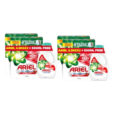 Ariel Fast Dissolving Anti-Bacterial Washing Powder For Automatic Washing Machine 2.5kg Pack of 4 And Anti-Bacterial Power Gel Liquid Detergent 500ml Pack of 2