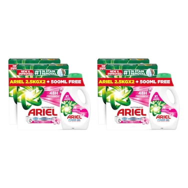 Ariel Fast Dissolving Washing Powder For Automatic Washing Machine Downy Floral Breeze 2.25kg Pack of 4 And Power Gel Liquid Detergent Floral Freshness 500ml Pack of 2
