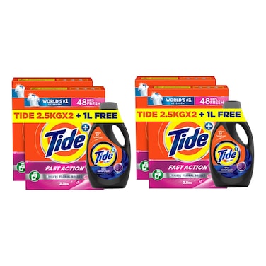 Tide Fast Action Core+ Washing Powder Downy Floral Breeze 2.5kg Pack of 4 And Abaya Liquid Detergent 1L Pack of 2