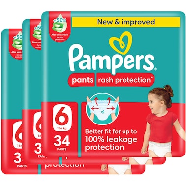 Pampers Rash Protection Pants Size 6 16kg+ Mega Pack 34 Pants Pack of 3
