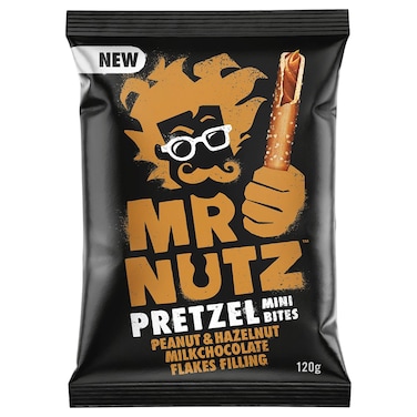 Mr Nutz Peanut and Hazelnut Milk chocolate Flakes Filling Pretzel Mini Bites, 120g