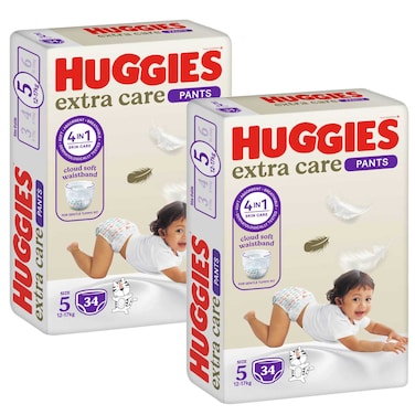 هجيز إكسترا كير كلود سوفت حفاض بتصميم سروال بخصر ناعم مقاس 5 للأطفال بوزن 12إلى 17 كغ حزمة من 34 حفاض