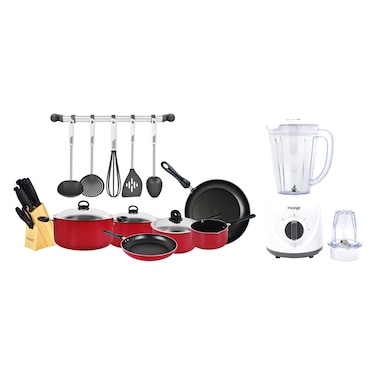 Prestige Non-Stick Cookware Set Red 22 PCS and 2-in-1 Stand Blender White 1.5L 400W