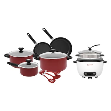 Prestige Non-Stick Cookware Set Red 11 PCS and Automatic Rice Cooker White 1.8L
