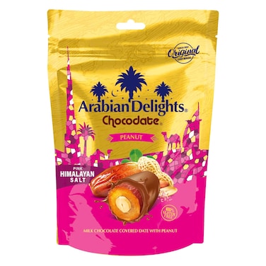 أرابيان ديلايتس شوكوديت تمر مغطى بشوكولاته بالحليب مع فستق سوداني وملح الهيمالايا الوردي، 70 غرام