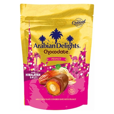 أرابيان ديلايتس شوكوديت تمر مغطى بشوكولاته بالحليب مع فستق سوداني وملح الهيمالايا الوردي، 200 غرام