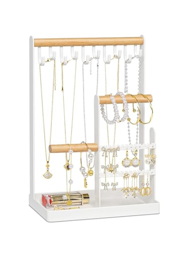 ELECDON Jewelry Organizer with Earring Tray and 10 Hooks, 4-Tier Necklace Display Stand for Earrings, Watches, Bracelets, and Rings - White Storage Solution