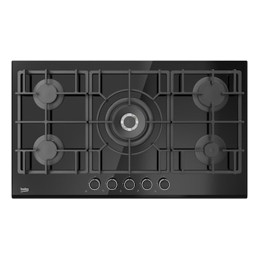 Beko 90cm Builtin Gas Hob, Full Safety, 5 High Efficiency Gas Burner, Cast-iron Pan Support, Integrated Ignition, HISW 95225 SEL(Black Glass Colour)