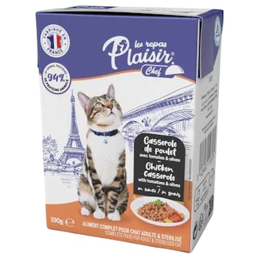 لا ريباس بلازير شيف طعام للقطط البالغة بطاجن الدجاج مع الطماطم والزيتون بصلصة اللحم 190 غرام