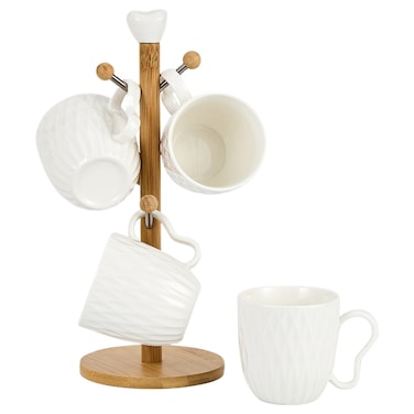 Shallow S&amp;A Mugs Set with Bamboo Stand 300ml 4 PCS