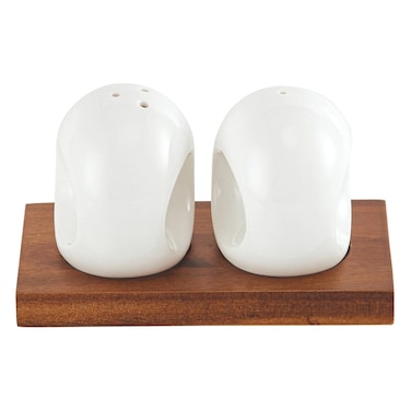 طقم ملح وفلفل من البورسلين وأخشاب الأكاسيا 2 قطعة