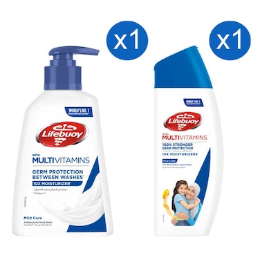 لايفبوي ميلد كير غسول الجسم المضاد للبكتيريا  مع الفيتامينات المتعددة وغسول اليدين المضاد للبكتيريا ميلد كير من لايفبوي مع الفيتامينات المتعددة 200 ملل + 300 ملل