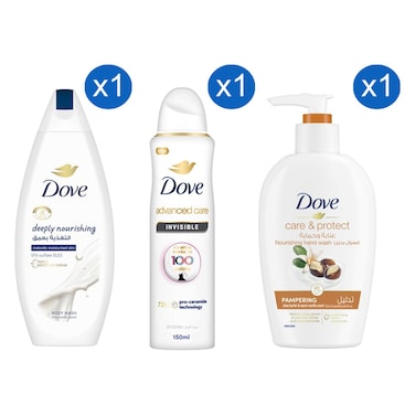 Dove Deeply Nourishing Body Wash with Care &amp; Protect Pampering Shea Butter and Warm Vanilla Scent Nourishing Hand Wash and Advanced Care Invisible Anti-Perspirant Deodorant Spray 250ml+250ml+150ml