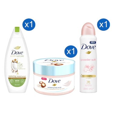 Dove Care By Nature Restoring Body Wash with Coconut Oil and Almond Milk with Exfoliating Body Scrub Crushed Macadamia and Rice Milk Scent and Powder Soft Moisturising Cream Anti-Perspirant Deodorant Spray 250ml+298g+225ml