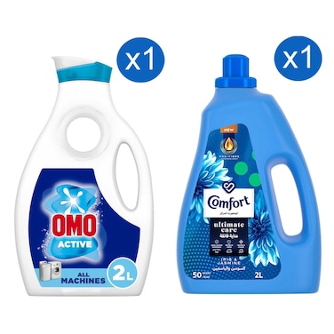 Omo Active Liquid Detergent for All Washing Machines and Comfort Ultimate Care Fabric Softener Iris and Jasmine 2L+2L