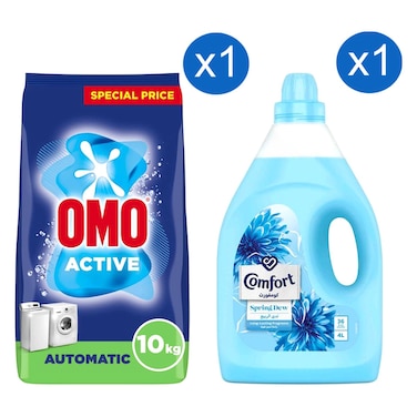 Omo Active Detergent Powder for Automatic Washing Machine and Comfort Fabric Softener Spring Dew Blue Bottle 10kg+4L