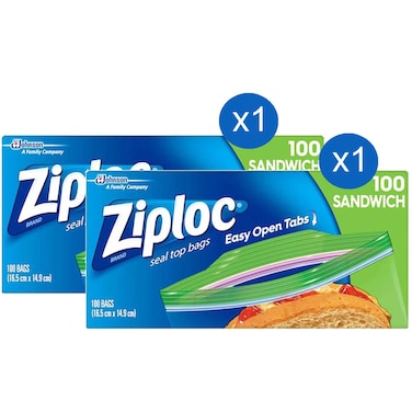 زيبلوك أكياس ساندويتش 100 كيس 16.5 × 14.9 سم حزمة من 2
