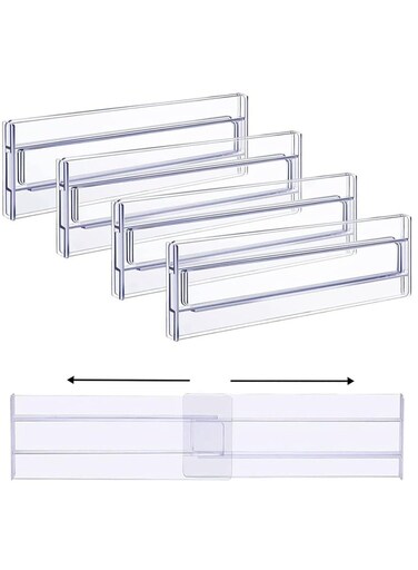 4Pcs Drawer Dividers Organizers Adjustable 3.2 Inch High Expandable from 12.2 to 21.4 Inch Kitchen Utensils Organizer Clear Plastic Drawer Separators for Clothing Installed by Double Sided Tape