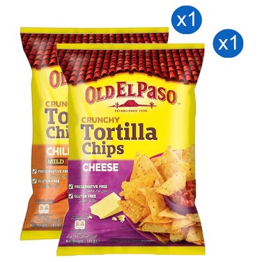 Old El Paso Crunchy Tortilla Chips Chilli Mild and Crunchy Tortilla Chips Cheese 185g Pack of 2