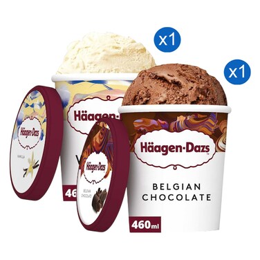 Haagen-Dazs Vanilla Ice Cream Tub and Belgian Chocolate Ice Cream Tub 460ml Pack of 2