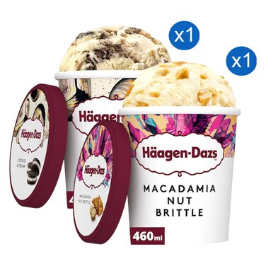 Haagen-Dazs Macadamia Nut Brittle Ice Cream Tub and Cookies and Cream Ice Cream Tub 460ml Pack of 2