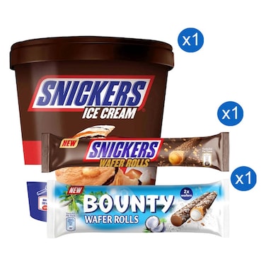 Snickers Peanut Caramel Ice Cream Tub and Bounty Coconut Filled Chocolate Wafer Rolls and Snickers Caramel Filled Chocolate Wafer Rolls 450ml+22.5g+24g