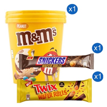 M&amp;M's Peanut Chocolate Ice Cream Tub and Twix Chocolate Wafer Rolls and Snickers Caramel Filled Chocolate Wafer Rolls 450ml+22.5g+24g