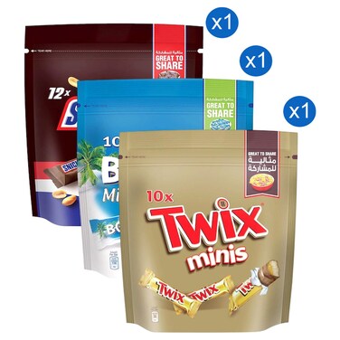 Snickers Minis Peanut Chocolate Bars and Bounty Minis Coconut Filled Chocolate Bars and Twix Minis Caramel Chocolate Bars Pack of 3