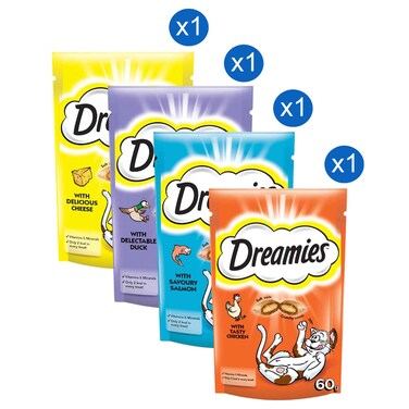دريميز حلوى القطط بنكهة الجبن اللذيذ وحلوى القطط بنكهة البط الشهي وحلوى القطط بنكهة السلمون اللذيذ وحلوى القطط بنكهة الدجاج الشهي 60 غرامًا حزمة من 4