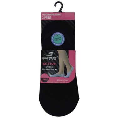 Sportzfit Women Invisible Socks, Black, Free Size, 3 Pairs