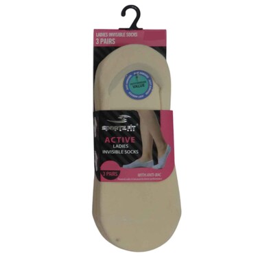 Sportzfit Women Invisible Socks, Beige, Free Size, 3 Pairs