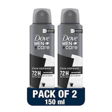 Dove Men+Care Antiperspirant Deodorant Spray, Stain Defense, 150ml Pack of 2