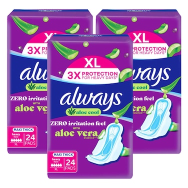 Always Aloe Cool Maxi Thick Heavy Flow Sanitary Pads, Extra Large, 24 Pads Pack of 3