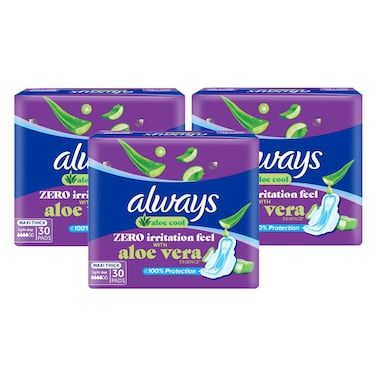Always Aloe Cool Maxi Thick Light Day Sanitary Pads, 30 Pads Pack of 3