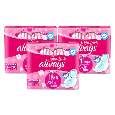Always Skin Love Maxi Thick Sanitary Pads, Large, 30 Pads Pack of 3