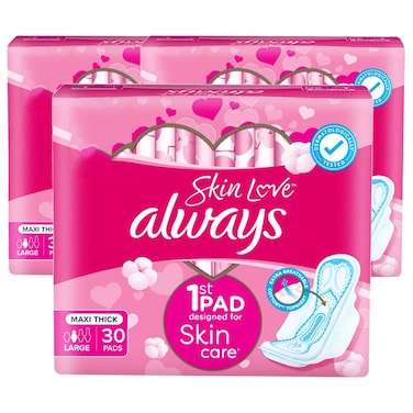 Always Skin Love Maxi Thick Sanitary Pads, Large, 30 Pads Pack of 3