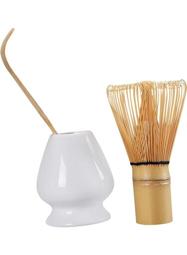 3-Piece Matcha Whisk Kit with Bamboo Whisk and Tea, Ceramic Holder, White