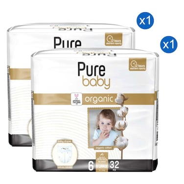 Pure Organic Baby Diapers, Extra Large Size 6 (15-27 kg), 32 Diapers, Pack of 2