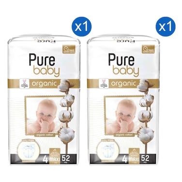 Pure Organic Baby Diapers, Maxi Size 4 (7-16 kg), 52 Diapers, Pack of 2