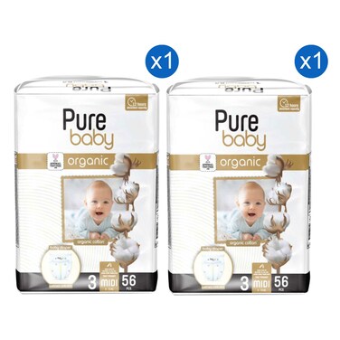 بيور أورغانيك حفاضات للأطفال، حجم متوسط 3 (من 4 إلى 10 كغ)، 56 حفاضة، حزمة من 2